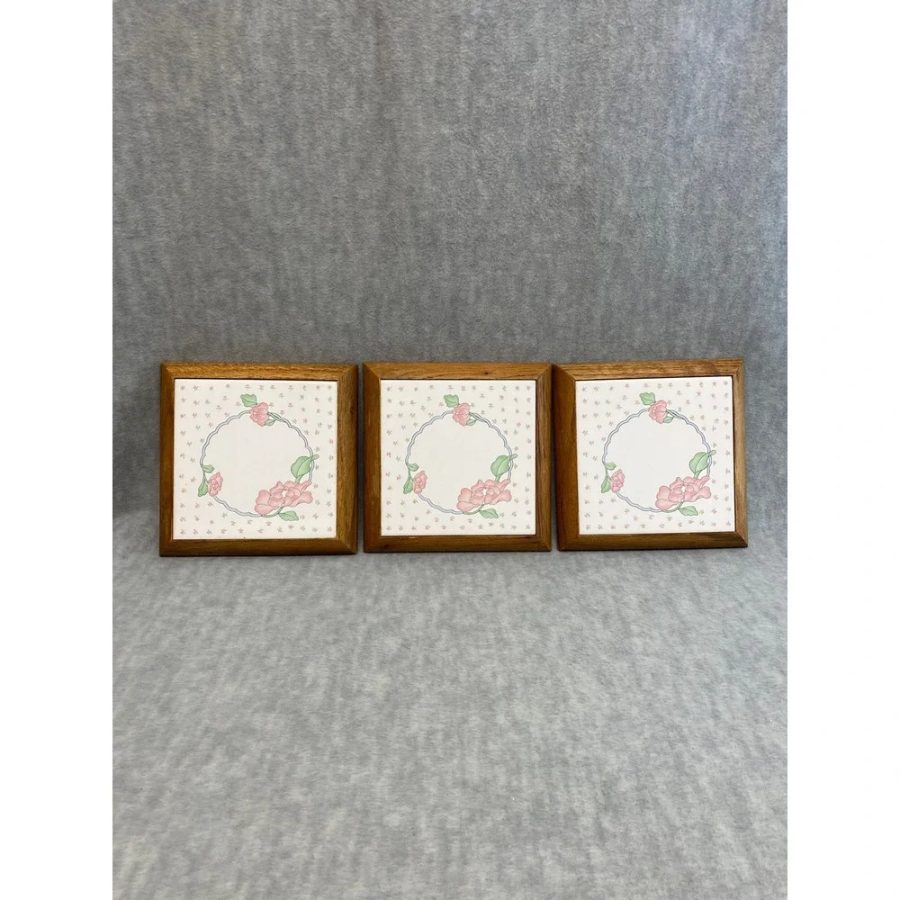 Set of 3 Vintage Floral Ceramic Tile Wood Trivets Hot Pad Retro Decor Grannycore